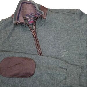 Paul & Shark SZ M Supermelange Cool Touch Wool Sweater Leather Elbow Patch Green